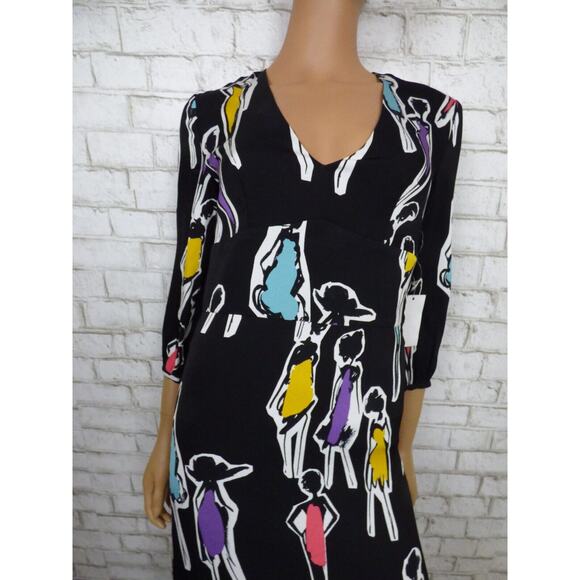 $725 Boutique Moschino Black Multi Print Crepe Midi Vneck Dress 38 US 4 NWT - Picture 4 of 16